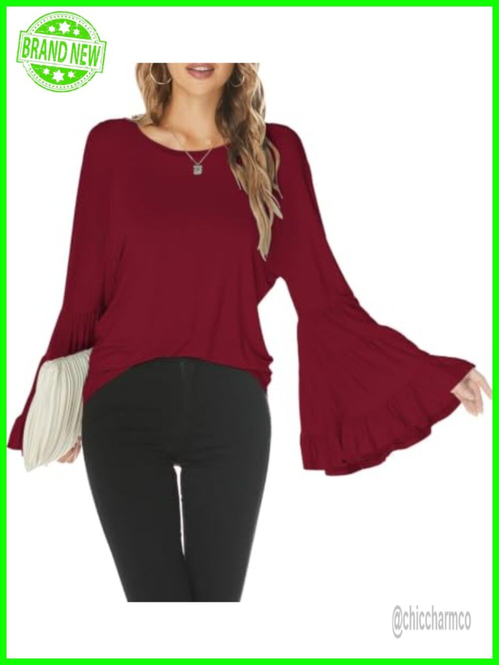Hount Women Casual Long Bell Sleeve Tops Loose Crew Neck Flare Sleeve Shirt